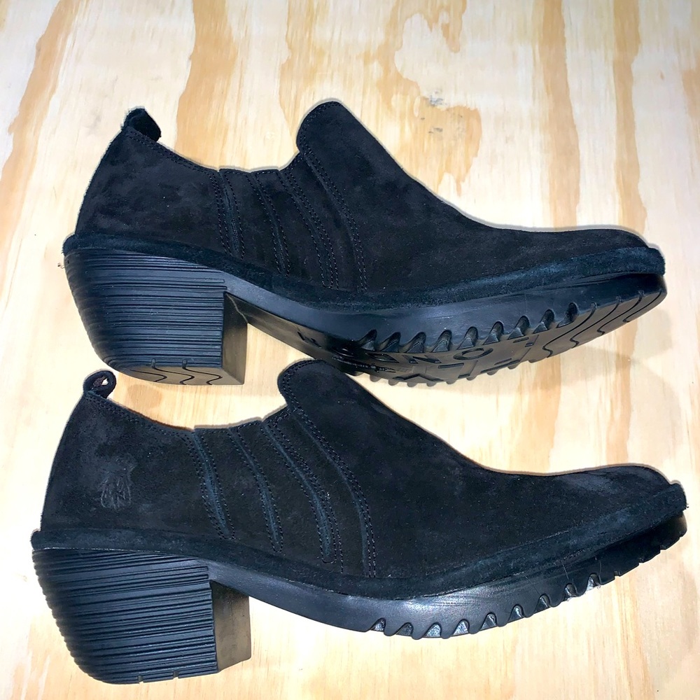 Black suede Fly London booties size 8.5